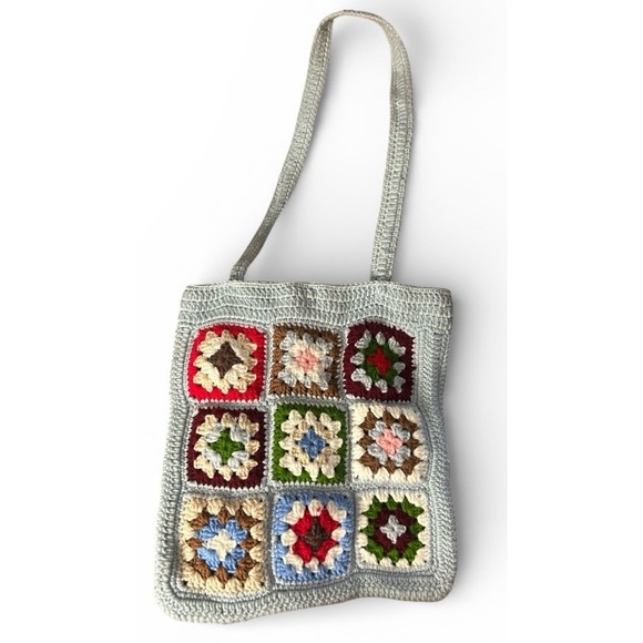 Crocheted BOHO Granny Square Blue Shoulder Tote Bag Handmade Unlined - Picture 2 of 5